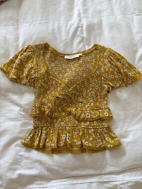 ASTR Mustard Yellow Floral Smocked Peplum Top